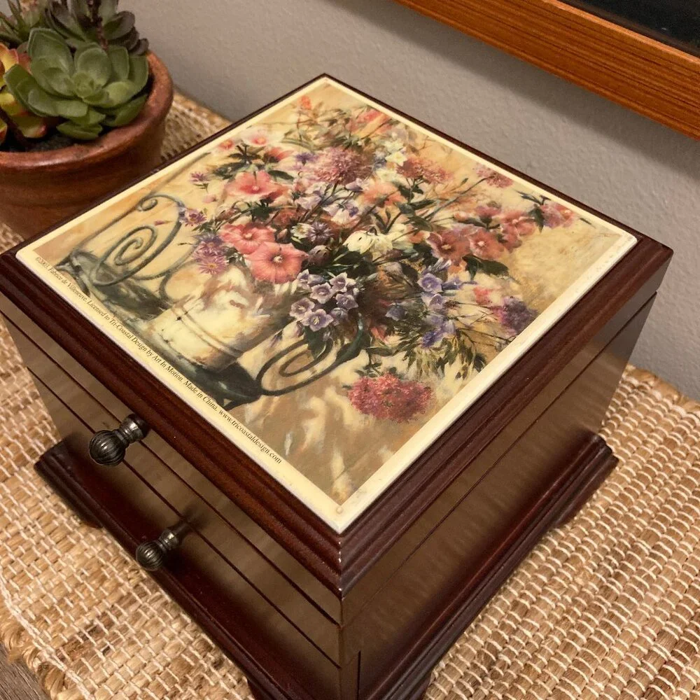 Vintage Dark Brown Wood Jewelry Box Fabrice de Villeneuve Floral Design Top